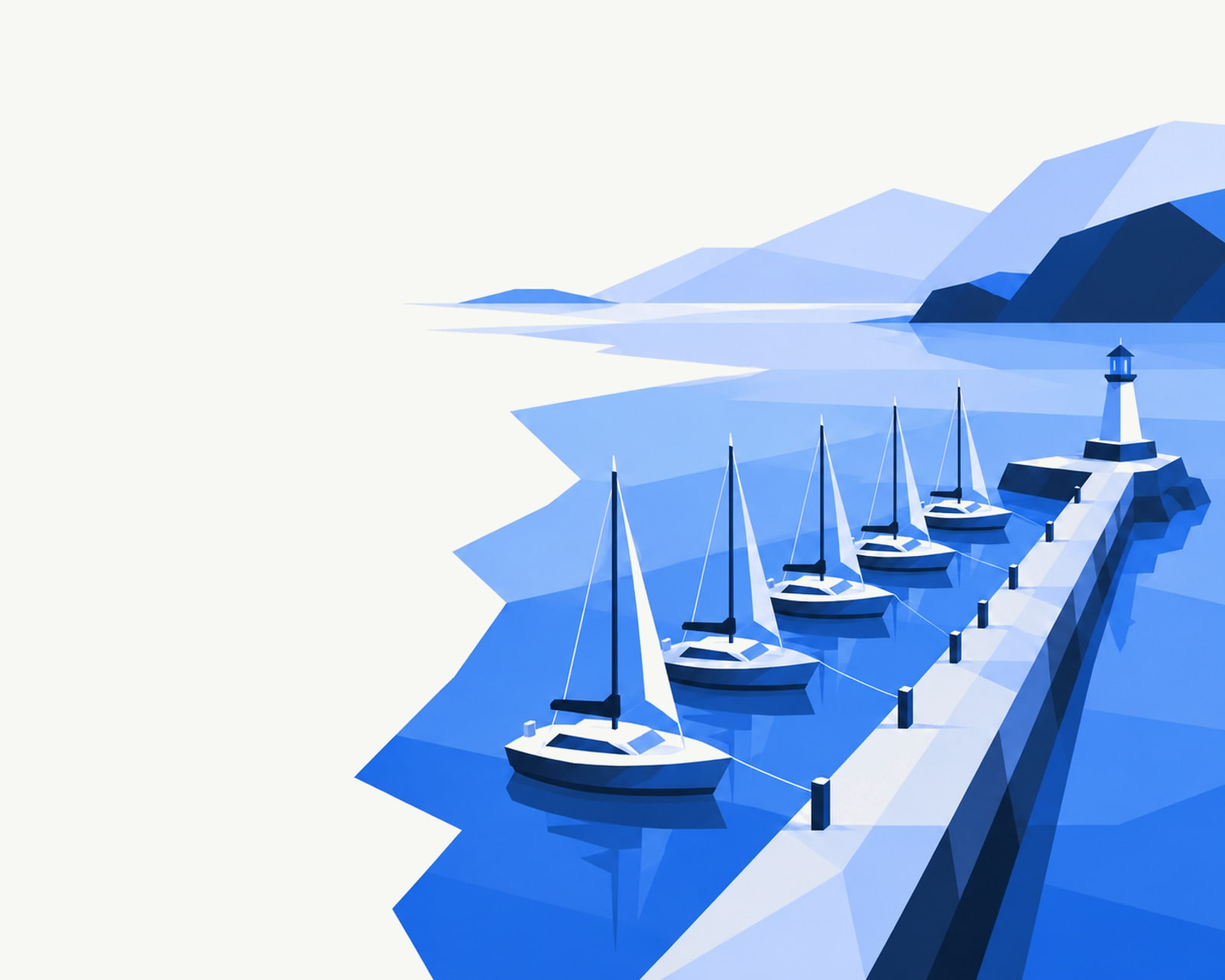Sailboats moored in a row along one harbour pier